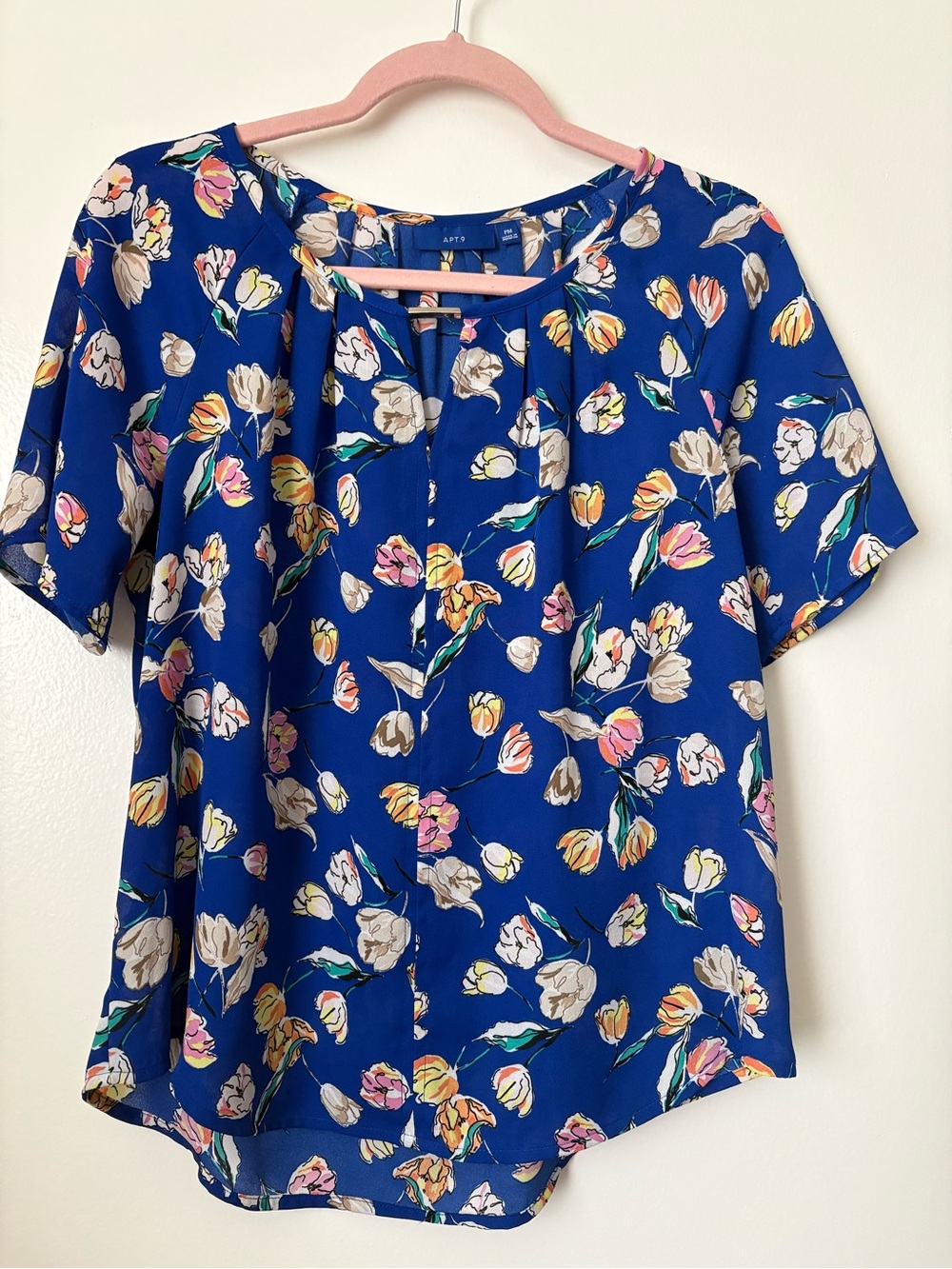 APT.9 Blue Floral Print Top with Pink Trim - Picture 2 of 6